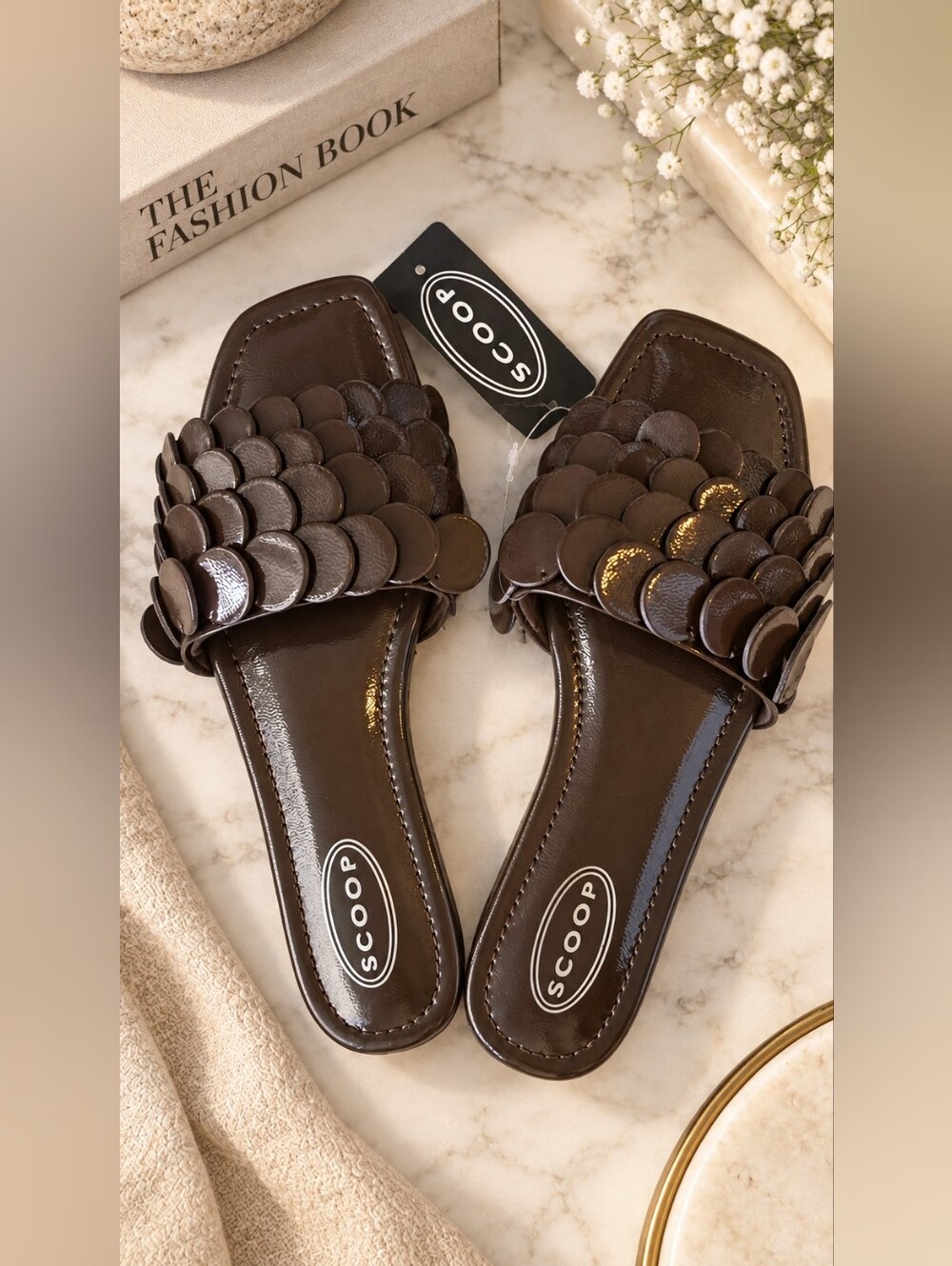 Scoop Chocolate Paillette Memory Foam Slide Sandals Size 9 NWT